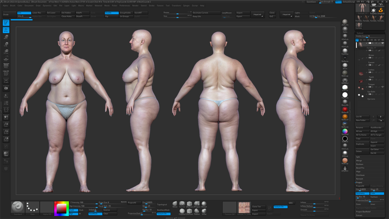 ZBrush ZTool render of a fuller-figured female 3D body scan at high subdivision level showing sculpt-ready mesh detail